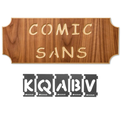 Four Inch Interlocking Router Letter Template Set For Dead Easy Comic Sans Custom Sign Making No Sweat Woodworking Stencils And Precision Alignment Guide Kit featuring a wooden sign with Comic Sans letters and routing stencils.