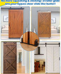 Three-Roller Adjustable Sliding Closet Door Floor Guide Upgrade Kit Bottom Mount For Bypass Double Bypass And Barn Doors One Pack Provides Ultra Smooth Gliding And Edge Protection For Door Panels displayed on barn doors.