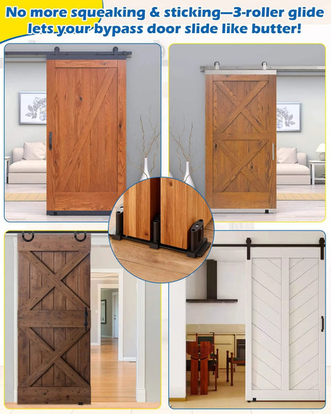 Installed view of Three Roller Adjustable Sliding Closet Door Floor Guide Upgrade Kit Two Pack Black Bottom Mount For Bypass Double Bypass And Barn Doors Built For Ultra Smooth Glide Protects Panels From Scratches And Wear With Independent Adjustable Rollers