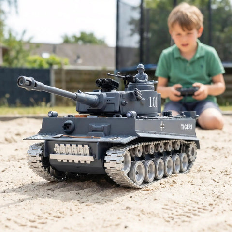1:18 Tiger RC Tank With Metal Tracks That Shoot BB Pellets And Water Bombs, 45-Degree Climb, 2.4GHz Remote Control in sand outdoors
