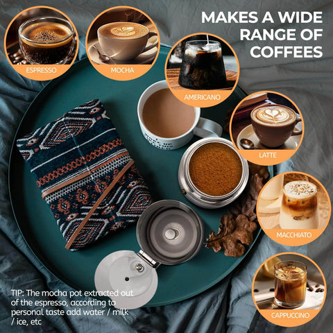 Stainless Steel 12 Cup Moka Pot Espresso Maker For Stovetop Brews Like A Boss Italian Classic Style Cafetera Coffee Pot 600ml Portable For Camping Travel And Home Use with various coffee options shown.