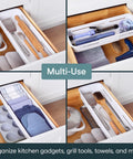 Expandable Sliding Drawer Bin For Kitchens Sets The Bar Inside Deep Drawers in speckled white with kitchen utensils organized.