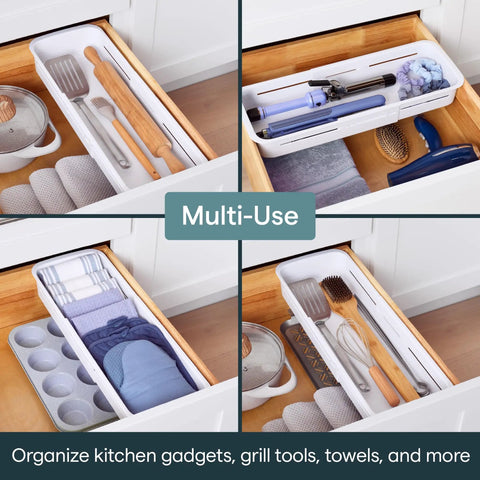 Expandable Sliding Drawer Bin For Kitchens Sets The Bar Inside Deep Drawers in speckled white with kitchen utensils organized.