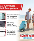 Ultra Compact Smart Cart Cooler With Extended Insulation Collapsible Rolling Tailgate Tote and people on beach boardwalk.