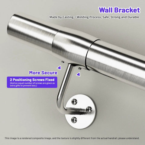 Heavy Duty 3 Ft Industrial Metal Handrail Kit Featuring Solid 304 Stainless Steel Wall Mount Grab Bar Wall bracket with 2 securing screws.