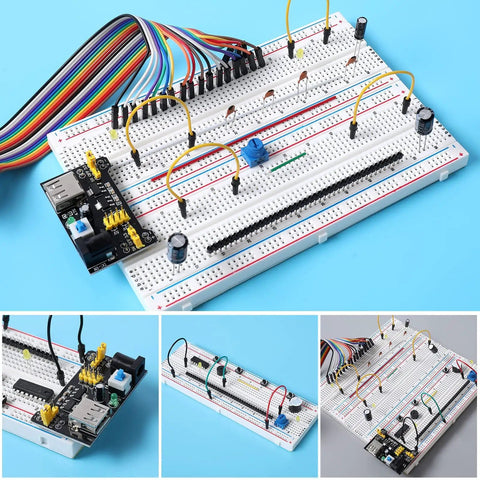 Ultimate Solderless Breadboard Kit Set With 2 400 Point Boards And 2 830 Point Boards For Fast Prototyping with colorful wiring setup