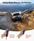Heavy Duty 13500 Lbs Electric Winch For Off Road Recovery 12V DC Vehicle Winch With 3/8 In X 92 Ft Synthetic Rope Wireless And Wired Remote IP68 Waterproof Tow Jeep SUV Boat on Jeep on steep rocky slope