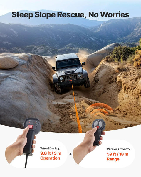 Heavy Duty 13500 Lbs Electric Winch For Off Road Recovery 12V DC Vehicle Winch With 3/8 In X 92 Ft Synthetic Rope Wireless And Wired Remote IP68 Waterproof Tow Jeep SUV Boat on Jeep on steep rocky slope