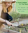 Woman using Beefed Up Long Handle Iron Weeding Rake with Thickened 5 Tooth Carbon Steel Head in garden