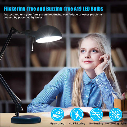 Woman smiling under desk lamp with Ridiculously Bright 100W Equivalent LED A19 Bulbs 1500 Lumens 5000K Daylight White No Flicker