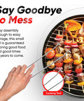 Top view of 14 Inch Portable Charcoal BBQ Grill With 3 Point Locking Lid for Heat Preservation and Dual Venting System with skewers and ribs.