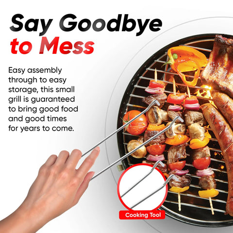 Top view of 14 Inch Portable Charcoal BBQ Grill With 3 Point Locking Lid for Heat Preservation and Dual Venting System with skewers and ribs.