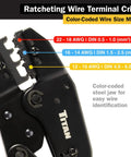 Ratcheting Wire Terminal Crimper Tool For Insulated Terminals With Fixed Jaw Adjustable Clamping And Double Crimp Die With Size Markings