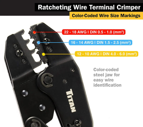 Ratcheting Wire Terminal Crimper Tool For Insulated Terminals With Fixed Jaw Adjustable Clamping And Double Crimp Die With Size Markings