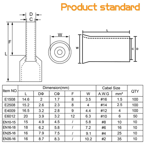 Specification chart for 390 Pieces Wire Ferrule Kit For AWG 2 To 16 Copper Crimp Terminals With Insulated Sleeves