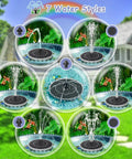 Colorful Ring Lights Solar Fountain 3.5W Water Pump With 2000mAh Battery showcasing 7 water spray styles in garden setting.