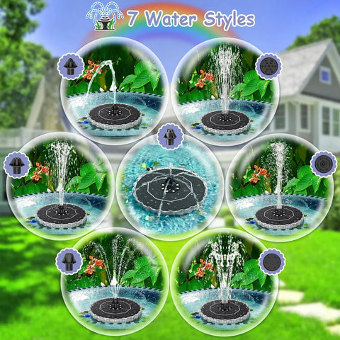 Colorful Ring Lights Solar Fountain 3.5W Water Pump With 2000mAh Battery showcasing 7 water spray styles in garden setting.