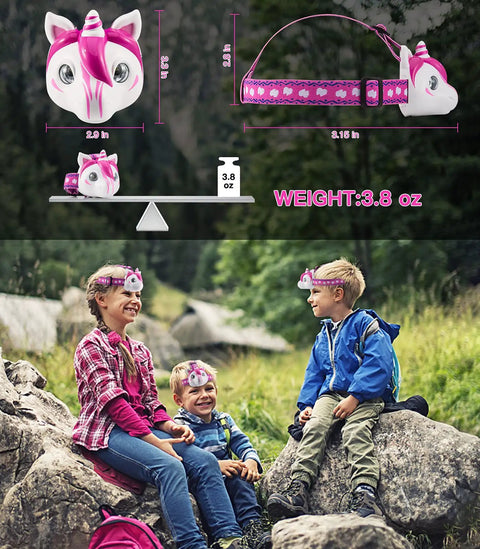 Unicorn Themed LED Headlamp for Kids and Grownups, hands free with adjustable elastic headband, shown on children outdoors