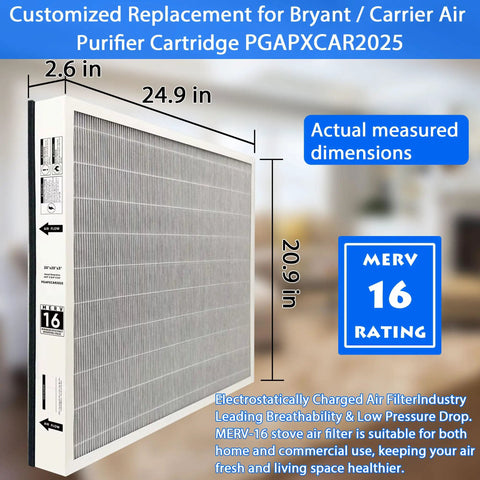 MERV 16 20X25X3In Air Filter For Bryant Carrier Purifier Cartridge, showing dimensions and compatibility with PGAPXCAR2025 model.