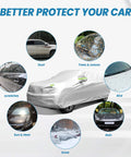 SUV protected by Waterproof SUV Car Cover for All Weather with UV, hail protection, and illustrations of environmental elements.
