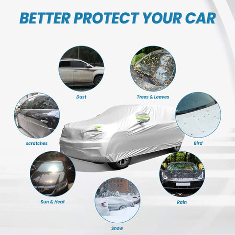 SUV protected by Waterproof SUV Car Cover for All Weather with UV, hail protection, and illustrations of environmental elements.