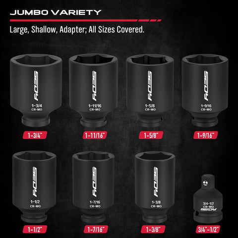 Eight Piece Deep Impact Socket Set One Half Inch Drive For Wheel Axle Nut Wrench High Torque Six Point Imperial Sockets displayed.