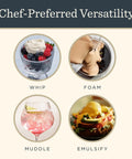 Visual of 48 Ounce Aer Disc Blender Container versatility showing whip, foam, muddle, and emulsify options for culinary creations.