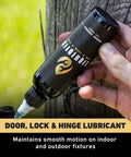 Door Lock And Hinge Lubricant 4 Oz Dropper With 0.5 Inch Needle Tip Combo Pack being applied to outdoor hinge