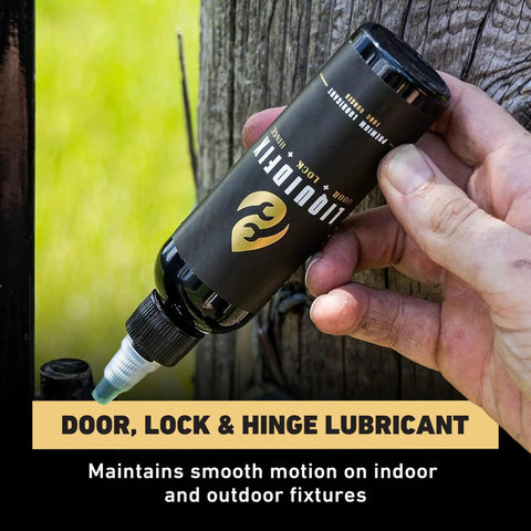 Door Lock And Hinge Lubricant 4 Oz Dropper With 0.5 Inch Needle Tip Combo Pack being applied to outdoor hinge