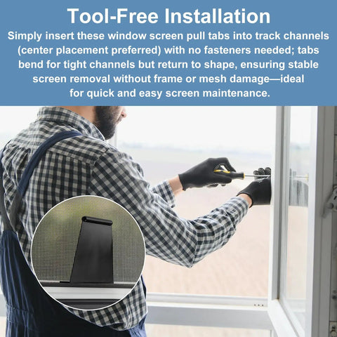 Thirty Piece Window Screen Pull Tabs And Spline Channel Lift Tools For Effortless Door Repair Durable Plastic Sliders shown in use on window.