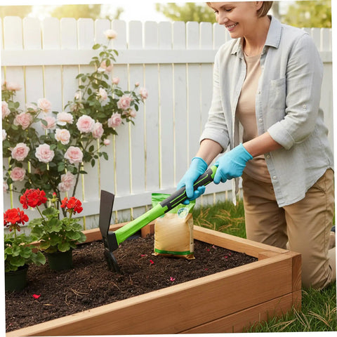 Heavy Duty Pickaxe For Digging With Non Slip Handle 16.9 Inch Double Sided Garden Mattock in use for gardening