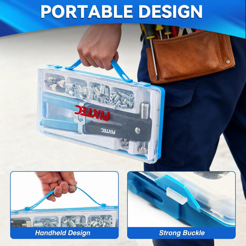 Person holding 11 Inch Hand Rivet Nut Gun Kit with 5 Mandrels M3 M4 M5 M6 M8 and 80 Rivet Nuts, portable design case