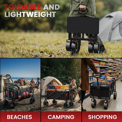 200L Collapsible Wagon Cart Heavy Duty Beach Wagon With 7.48 Inch All Terrain Wheels And Side Pocket for beach, camping, shopping