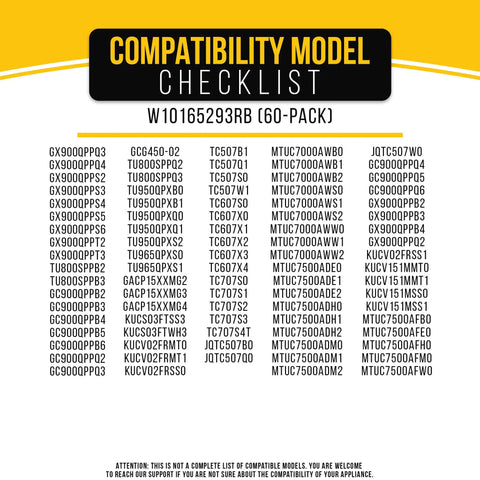 Compatibility model checklist for Beefed Up Heavy Duty 18 Inch Trash Compactor Bags 60 Pack For Whirlpool KitchenAid Magic Chef General Electric Fits Most 18 Inch Trash Compactors Replacement FSP.