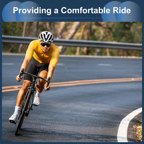 Cyclist in yellow jersey on road bike with Universal 27.2x350mm Bike Seat Post In Gold Tone Aluminum Alloy, extra long.
