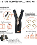 Diagram showing Go To Zipper Repair Kit For Hoodies, Jeans And Handbags With 11 Metal Sliders, 4 End Stops, 6 Top Stops