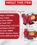 Rock Solid 110 Volt 10 GPM Self Priming Heavy Duty Gasoline Fuel Transfer Pump With Copper Motor dimensions and specifications.