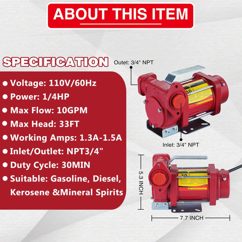 Rock Solid 110 Volt 10 GPM Self Priming Heavy Duty Gasoline Fuel Transfer Pump With Copper Motor dimensions and specifications.