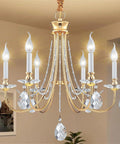 Gold Farmhouse Crystal Chandelier For Dining Room And Kitchen Island, 6 Light French Country Ceiling Fixture with crystal accents