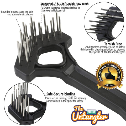 Close-up of Undercoat Dematting Mini Rake with V-Shape head, double row stainless steel teeth, promoting gentle detangling.