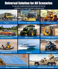 Collage of vehicles illustrating universal solution: trucks, buses, construction, agriculture, marine, and power generation scenarios.