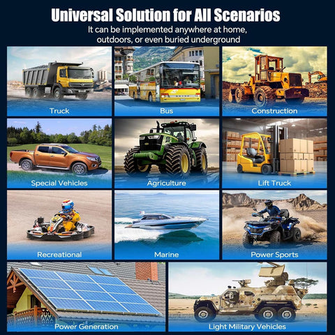 Collage of vehicles illustrating universal solution: trucks, buses, construction, agriculture, marine, and power generation scenarios.
