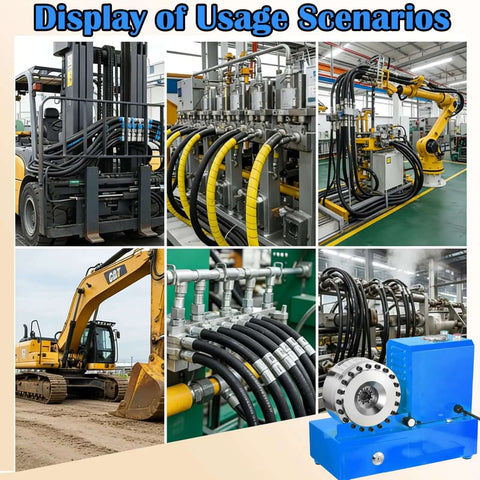 Display of usage scenarios for Onsite Hydraulic Hose Crimping Tool 10-31mm 70 MPa Automatic With 8 Dies for field repairs.