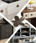 Four Pack Two Point Four Inch Antique Brass Flower Cabinet Knobs with Vintage Floral Drawer Pulls installed on various furniture