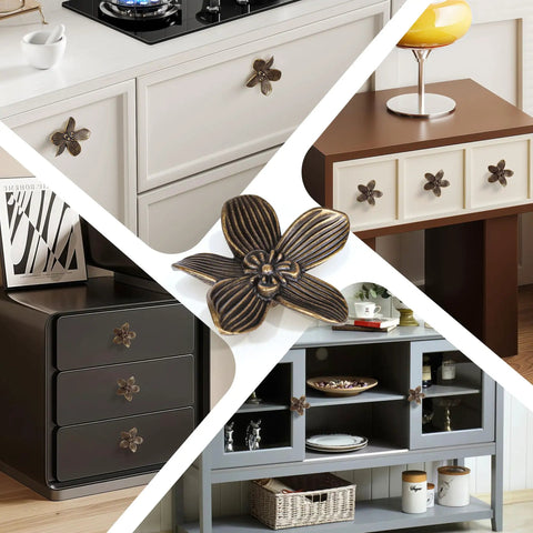 Four Pack Two Point Four Inch Antique Brass Flower Cabinet Knobs with Vintage Floral Drawer Pulls installed on various furniture
