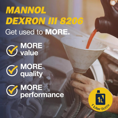Pouring All In One ATF Transmission Fluid For Automatic Transmissions Power Steering Torque Converters And Hydraulic Drives Dexron III, II E, Ford Mercon Compatible Keeps Your Ride Shifting Smooth In High Mileage Cars Reduces Slipping And Rough Shifts 1 Liter into car engine with checklist highlights.