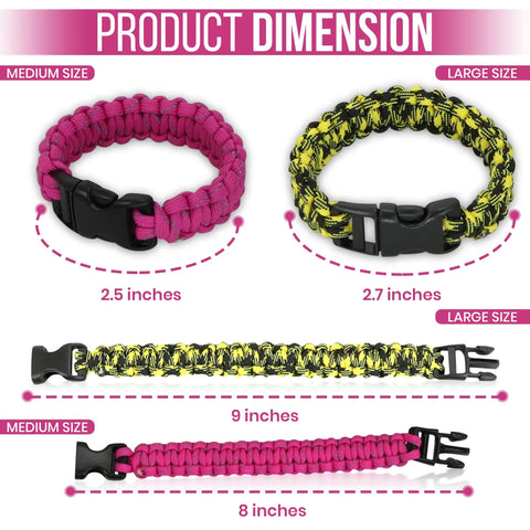12 Pack Paracord Survival Bracelets With Quick Release Clips In Assorted Colors For Camping, Hiking, And Emergency Gear, Adjustable Medium And Large Sizes with dimensions