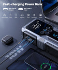 Jump Starter With Air Compressor 4000A Peak Portable Car Battery Booster showing 18W fast charge USB ports and accessories