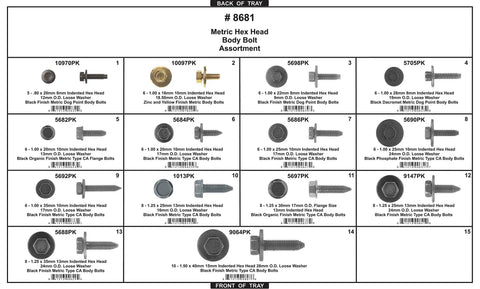 Grey Hex Head Body Bolt Set With 345-Piece Metric Assortment In 14 Sizes, Flange And Loose-Washer Style chart image