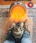 Cozy Plug-In Space Heater With 2 Second Fast Heating And PTC Ceramic next to person with cat on carpeted floor.